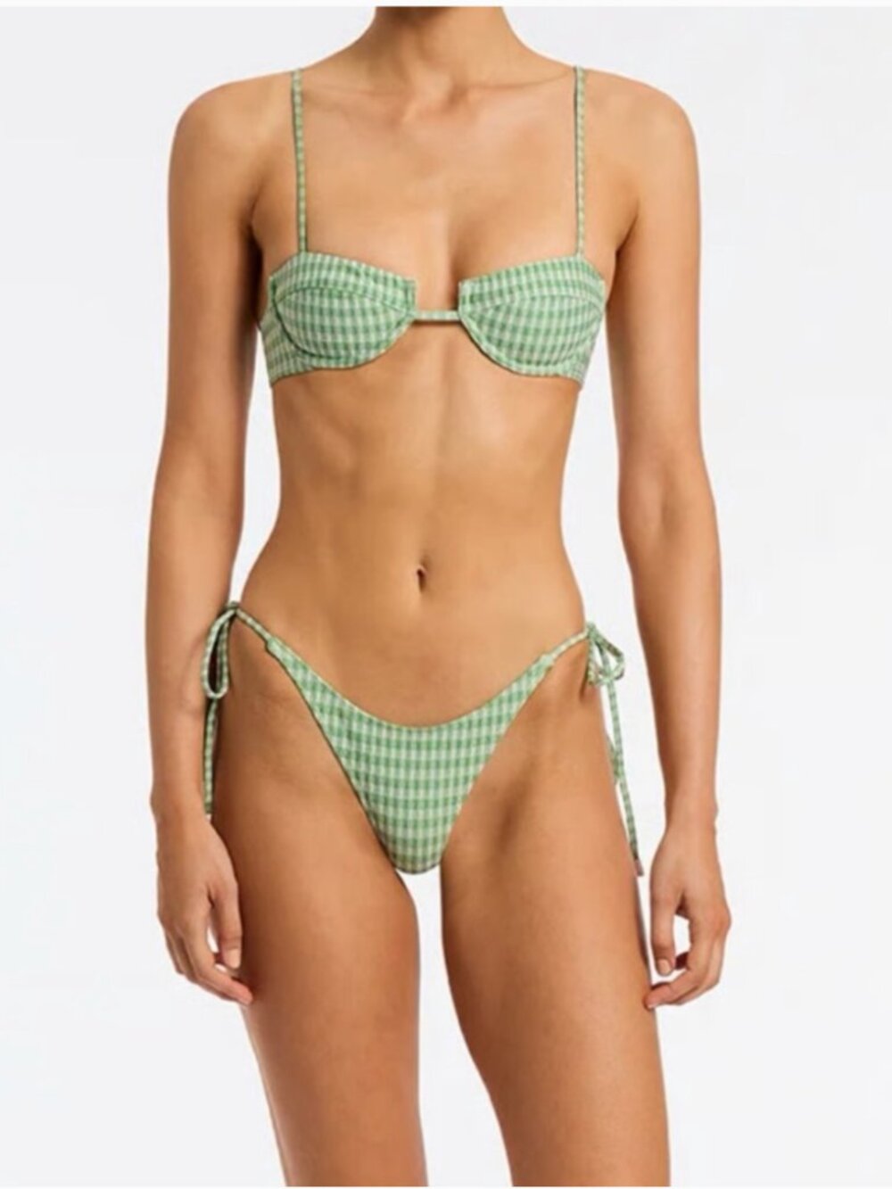 Green Patterned gingham Bikini Set balconette top and string bikini bottoms
